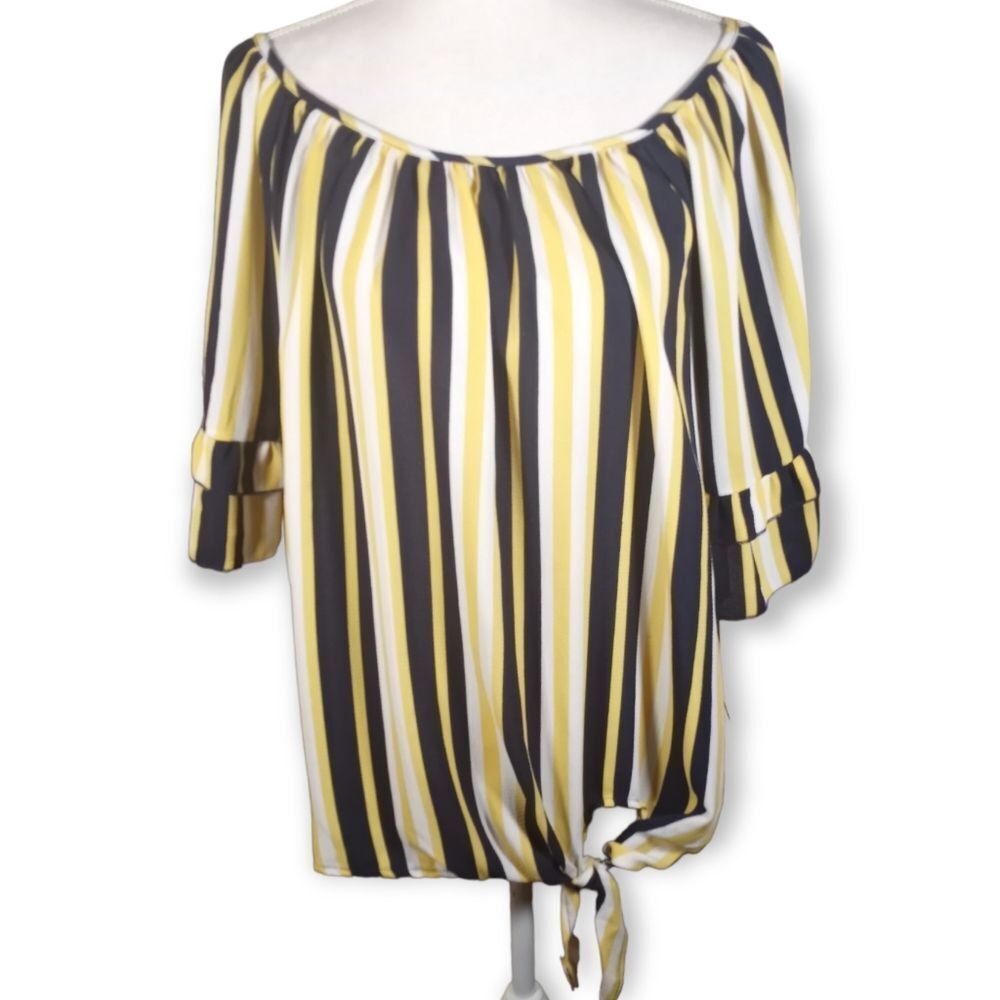 UNIQUE SPECTRUM YELLOW, WHITE, & NAVY OFF-THE-SHOULDER BLOUSE SZ.3X EUC